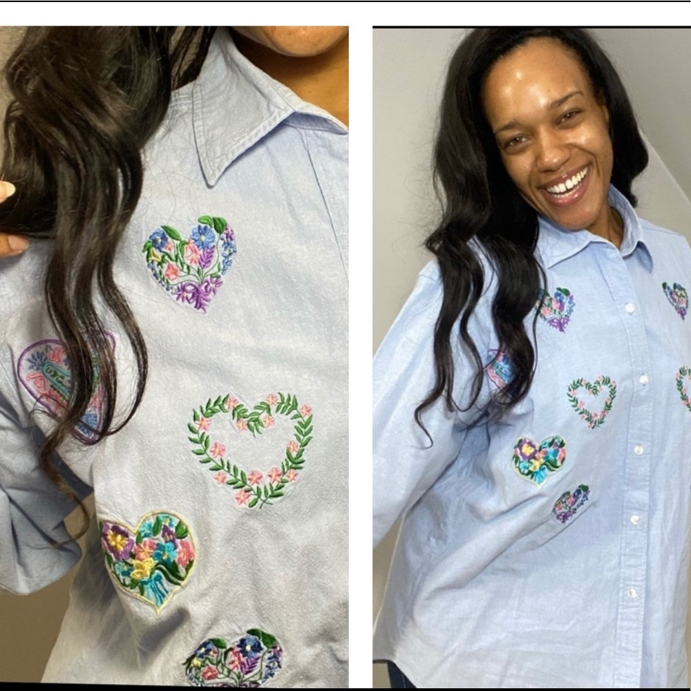 Vintage 90s boyfriend denim novelty heart print long sleeve button up shirt